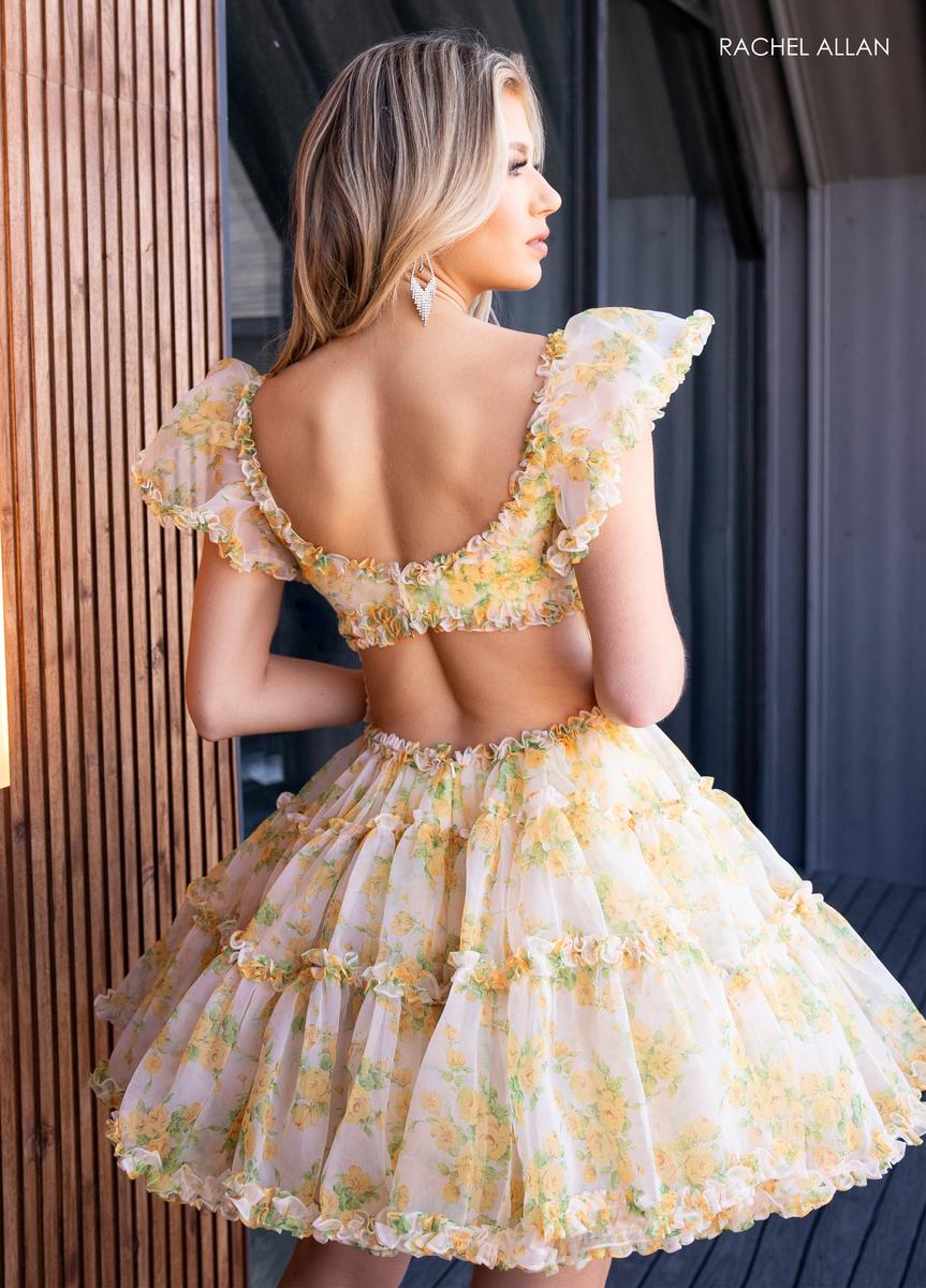Rachel Allan 40408 Floral Short Dress with Ruffled Sleeves