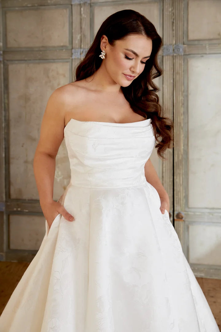 33294 - Modern A-Line Wedding Dress with Brocade Fabric