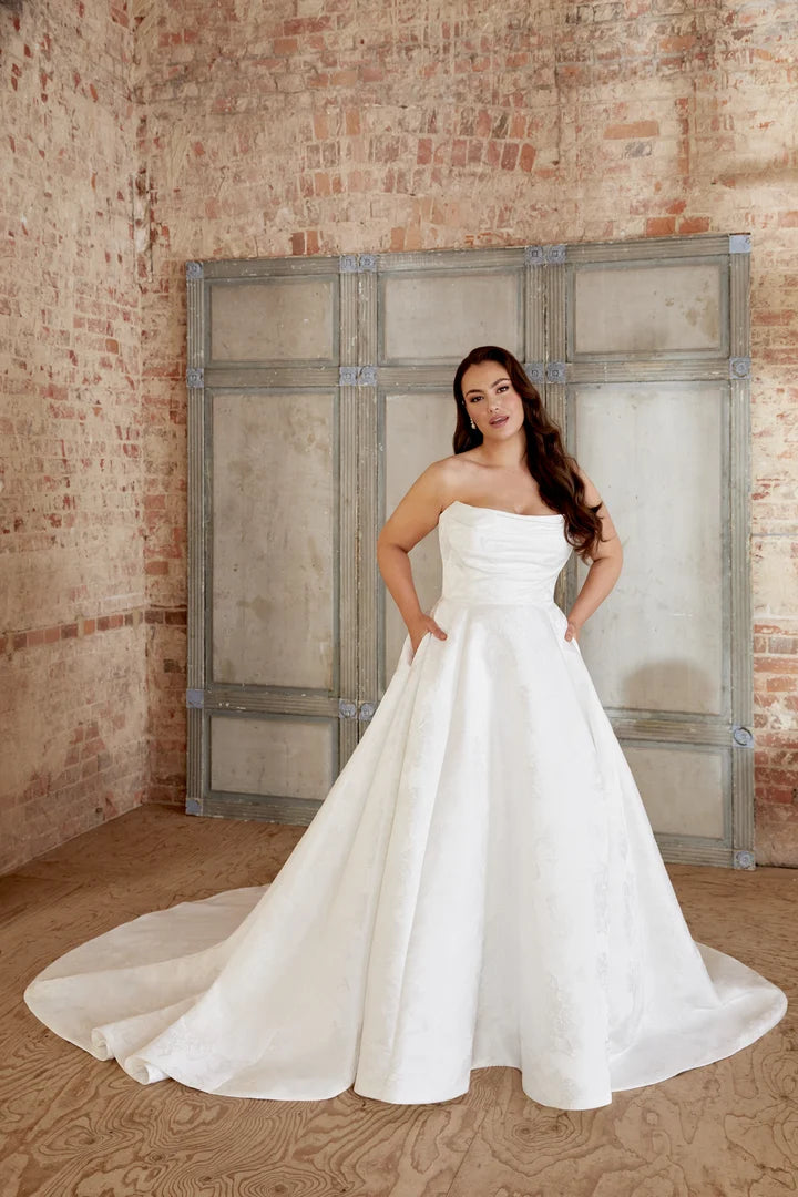 33294 - Modern A-Line Wedding Dress with Brocade Fabric