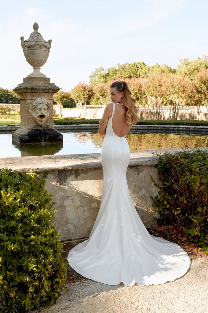 34878-Draped Silky Crepe Fit and Flare with Beaded Straps and Cowl Bac