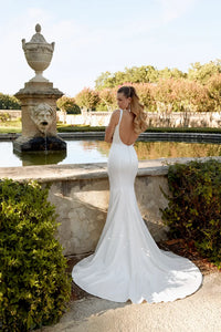 34878-Draped Silky Crepe Fit and Flare with Beaded Straps and Cowl Bac