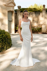 34878-Draped Silky Crepe Fit and Flare with Beaded Straps and Cowl Bac