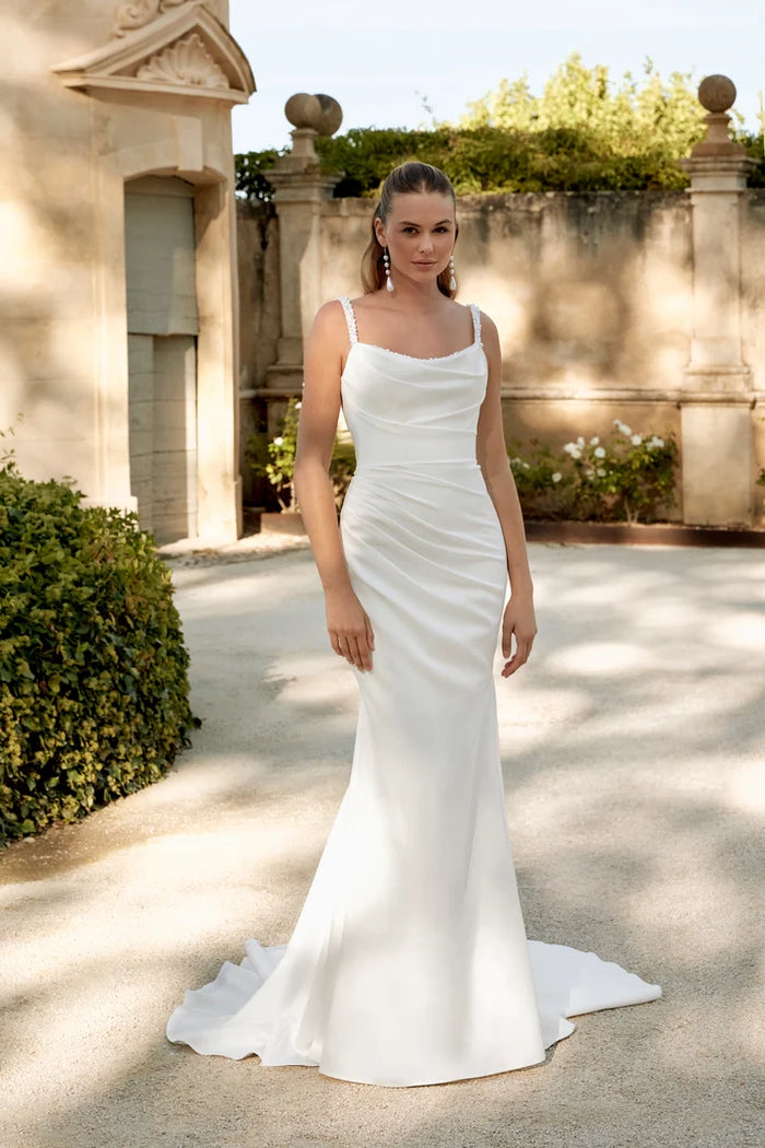 34878-Draped Silky Crepe Fit and Flare with Beaded Straps and Cowl Bac