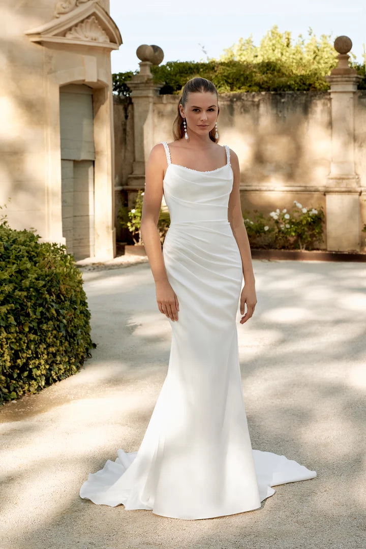 34878-Draped Silky Crepe Fit and Flare with Beaded Straps and Cowl Bac