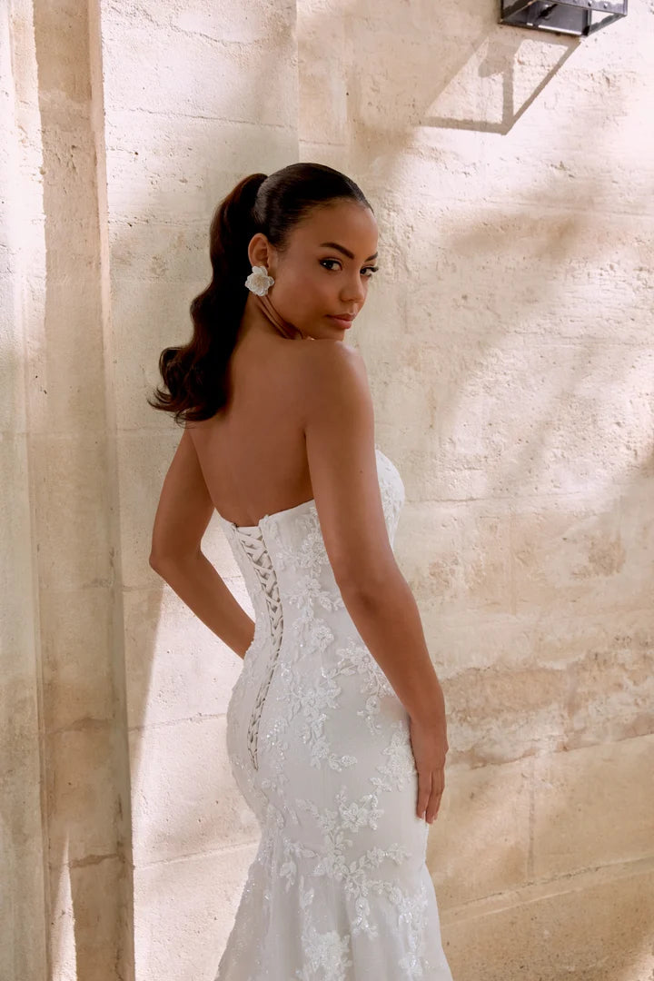 34879-Strapless Tulle Fit and Flare Gown with Glitter Tulle and Beaded Lace