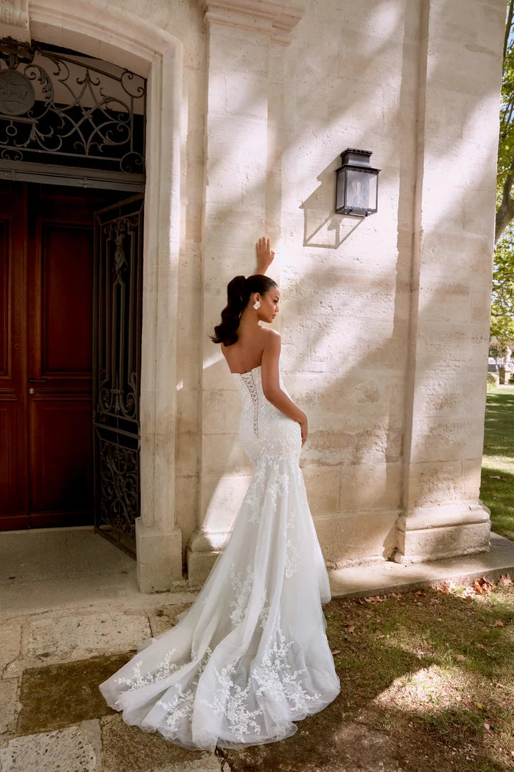34879-Strapless Tulle Fit and Flare Gown with Glitter Tulle and Beaded Lace
