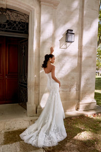 34879-Strapless Tulle Fit and Flare Gown with Glitter Tulle and Beaded Lace