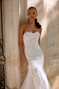 34879-Strapless Tulle Fit and Flare Gown with Glitter Tulle and Beaded Lace