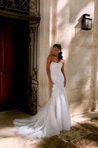 34879-Strapless Tulle Fit and Flare Gown with Glitter Tulle and Beaded Lace