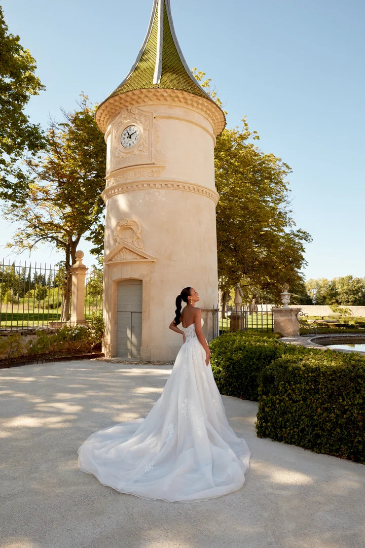 34880-Strapless Tulle Gown with Beaded Lace and Basque Waistline