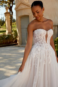 34880-Strapless Tulle Gown with Beaded Lace and Basque Waistline