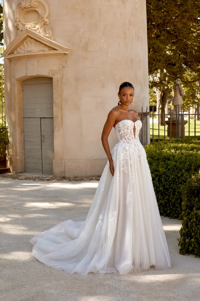 34880-Strapless Tulle Gown with Beaded Lace and Basque Waistline