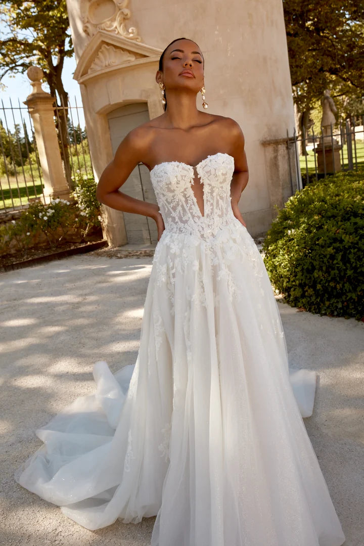 34880-Strapless Tulle Gown with Beaded Lace and Basque Waistline
