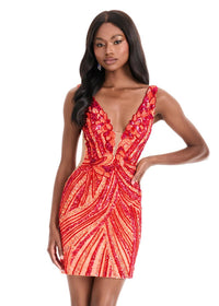 ASHLEYlauren Dress 4893 - Plunging V-Neck Short Fitted Silhouette