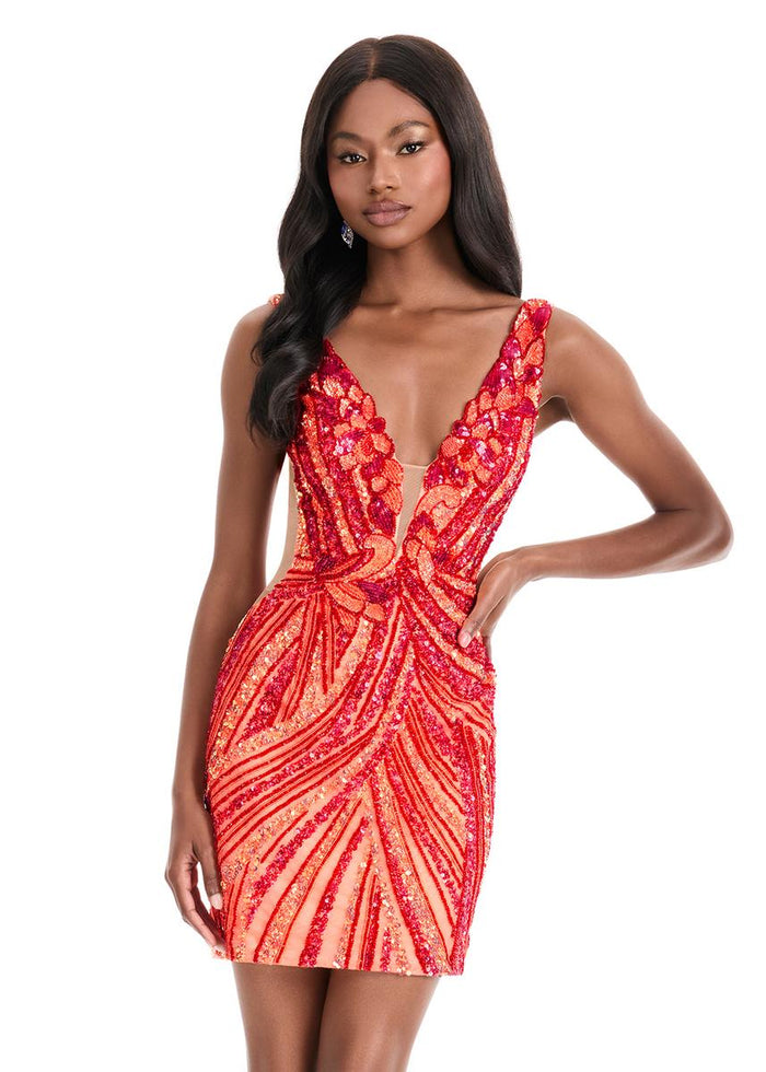ASHLEYlauren Dress 4893 - Plunging V-Neck Short Fitted Silhouette