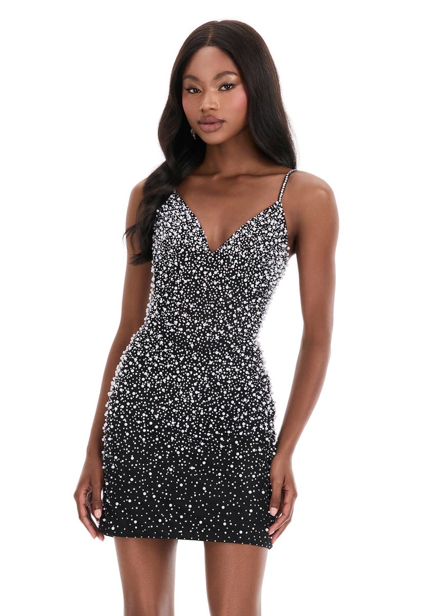 ASHLEYlauren Dress 4925 - V-Neck Short Fitted Dress with Embellishments