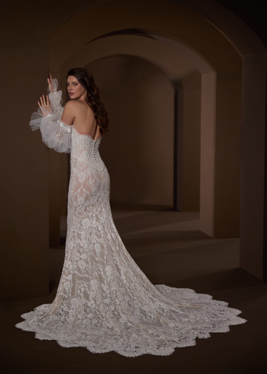 33728-Strapless all over lace with basque waist