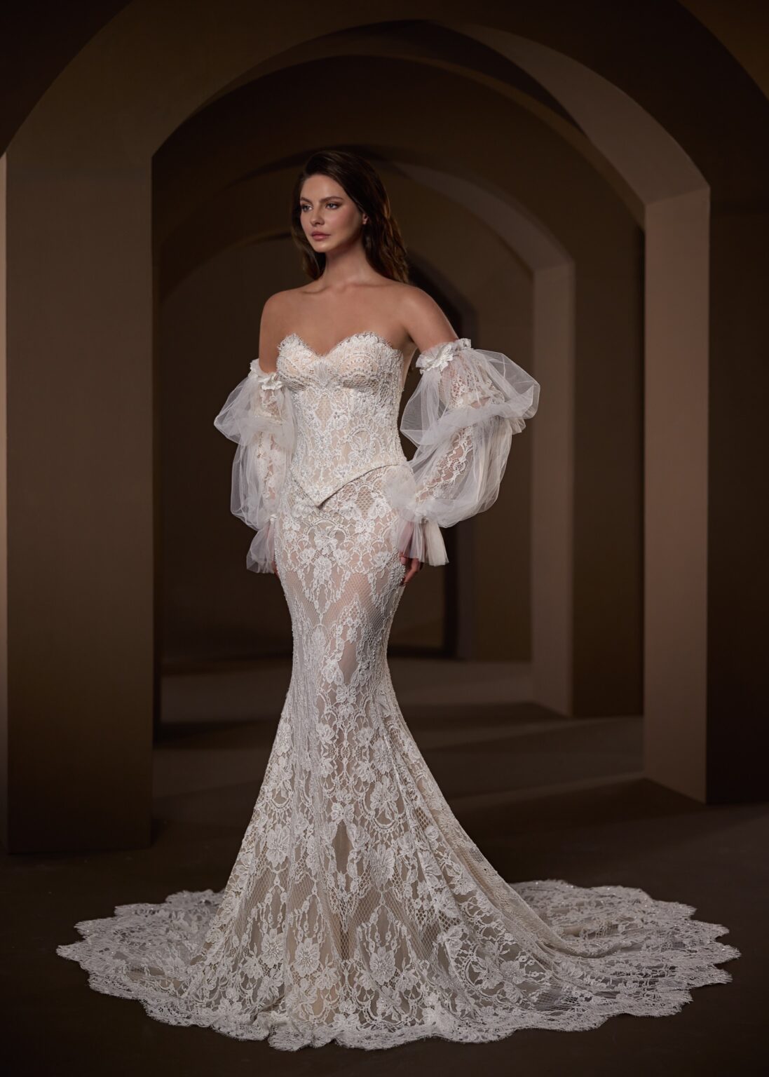 33728-Strapless all over lace with basque waist