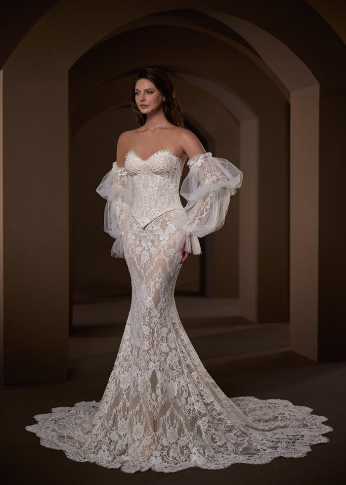 33728-Strapless all over lace with basque waist