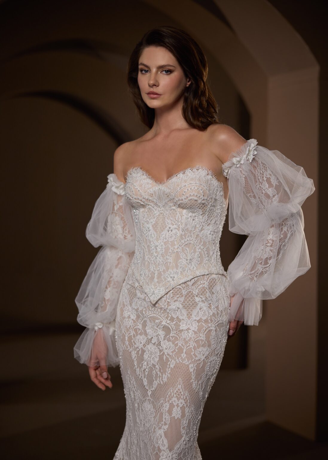 33728-Strapless all over lace with basque waist