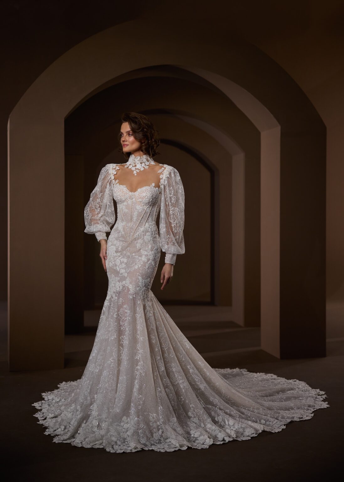 33729-Heavily beaded Long Sleeve High Neck Fit and Flare