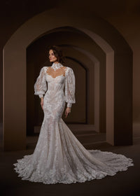 33729-Heavily beaded Long Sleeve High Neck Fit and Flare