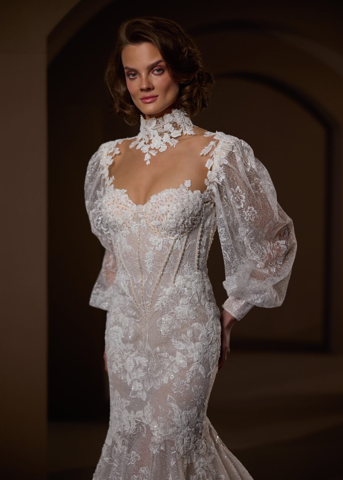 33729-Heavily beaded Long Sleeve High Neck Fit and Flare