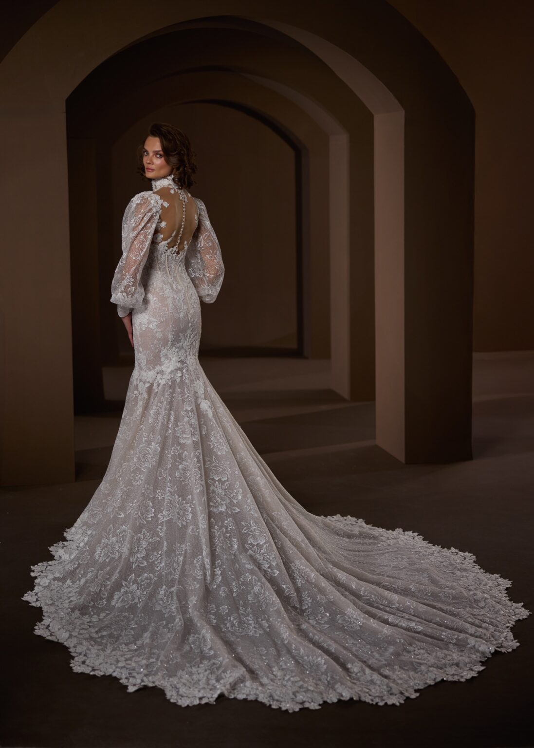 33729-Heavily beaded Long Sleeve High Neck Fit and Flare