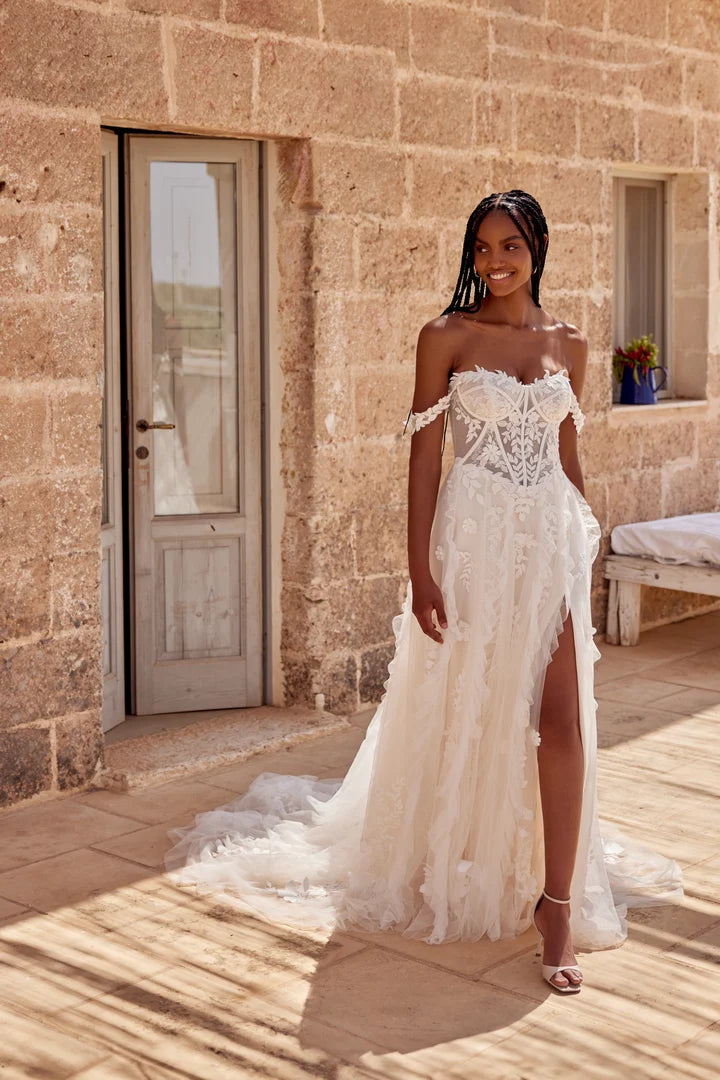 33285 - Soft A-Line Bridal Dress with Lace Detailing