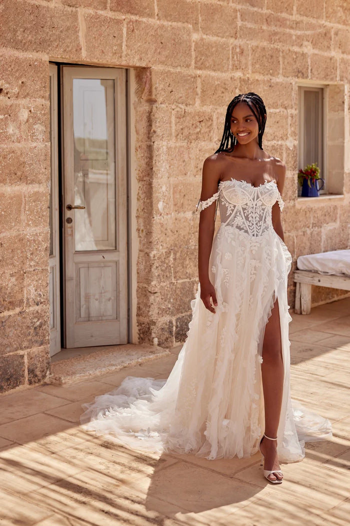 33285 - Soft A-Line Bridal Dress with Lace Detailing