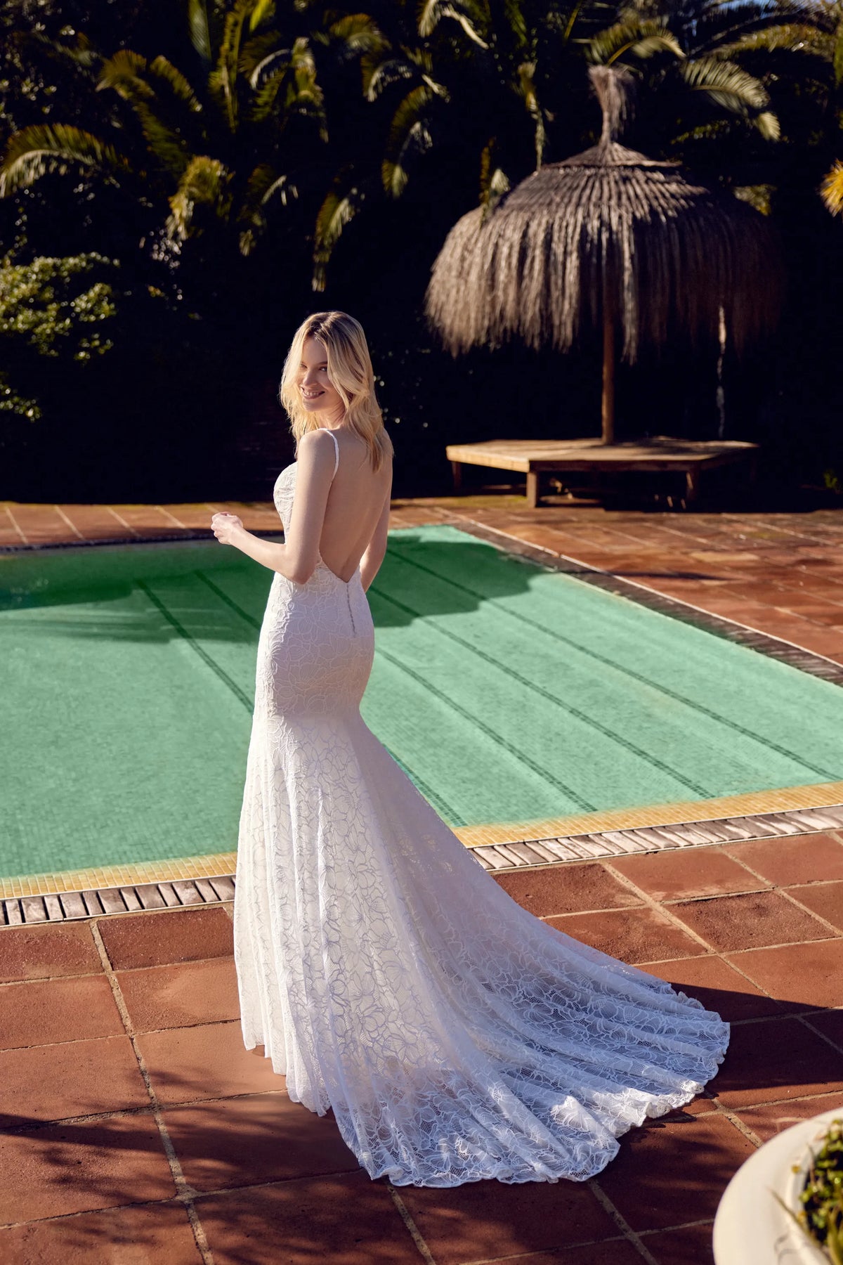 33682 - Allover Matte Cotton Lace Fit and Flare Gown with Cowl Neckline