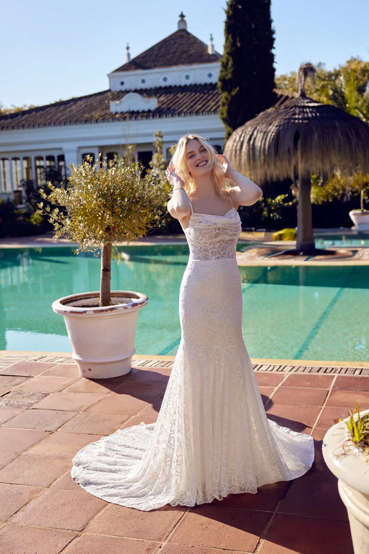 33682 - Allover Matte Cotton Lace Fit and Flare Gown with Cowl Neckline