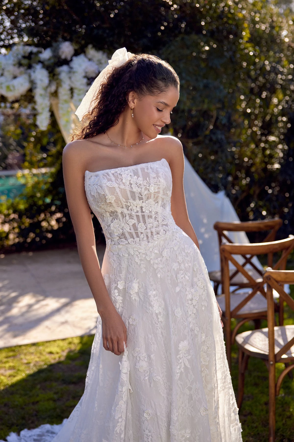 33684 - Allover Chantilly Lace A-Line Gown with Sheer Bodice & Lace Appliqués