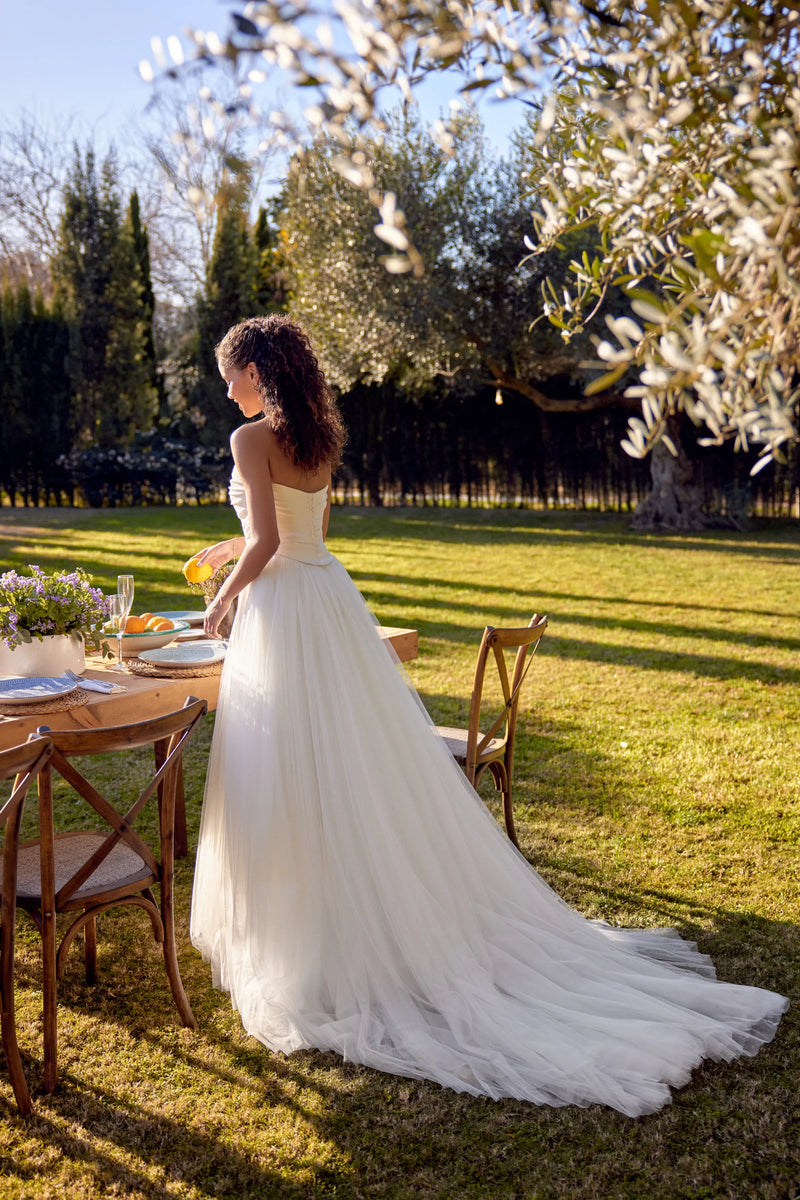 33685 - Faux Two-Piece A-Line Gown with Crepe Bodice and English Net Skirt