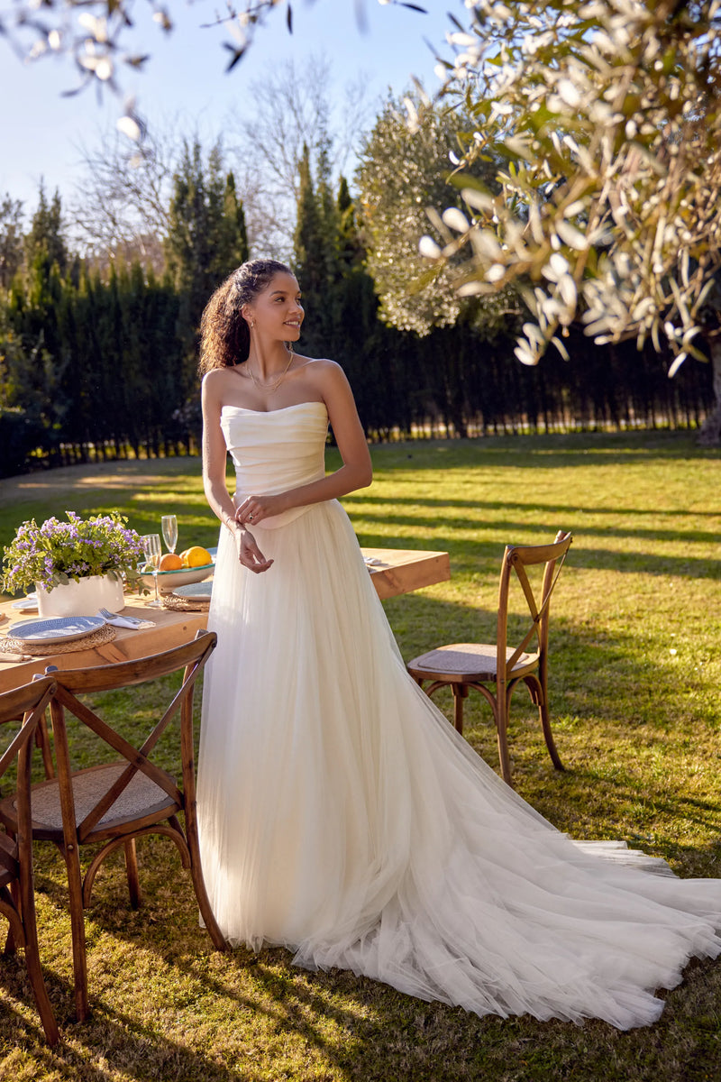 33685 - Faux Two-Piece A-Line Gown with Crepe Bodice and English Net Skirt