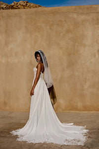34783-Chiffon and Lace A-Line Gown with Sequined Lace Appliqués
