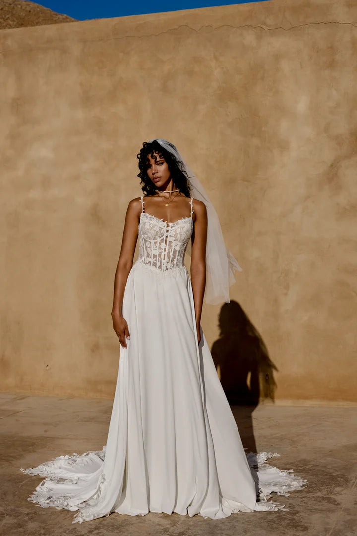 34783-Chiffon and Lace A-Line Gown with Sequined Lace Appliqués