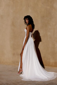 34875-Stretch Tulle A-line Gown with Matte Lace Appliqués and Basque Waist