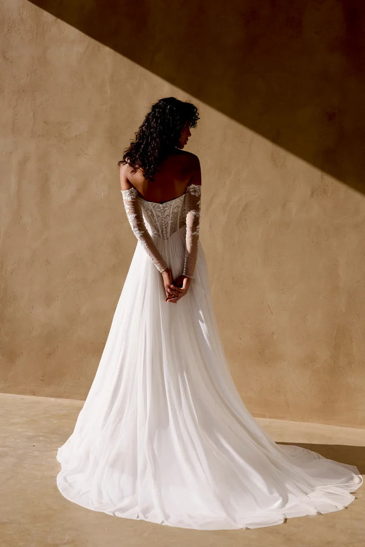 34875-Stretch Tulle A-line Gown with Matte Lace Appliqués and Basque Waist