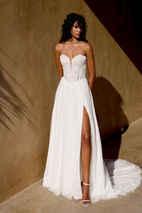 34875-Stretch Tulle A-line Gown with Matte Lace Appliqués and Basque Waist