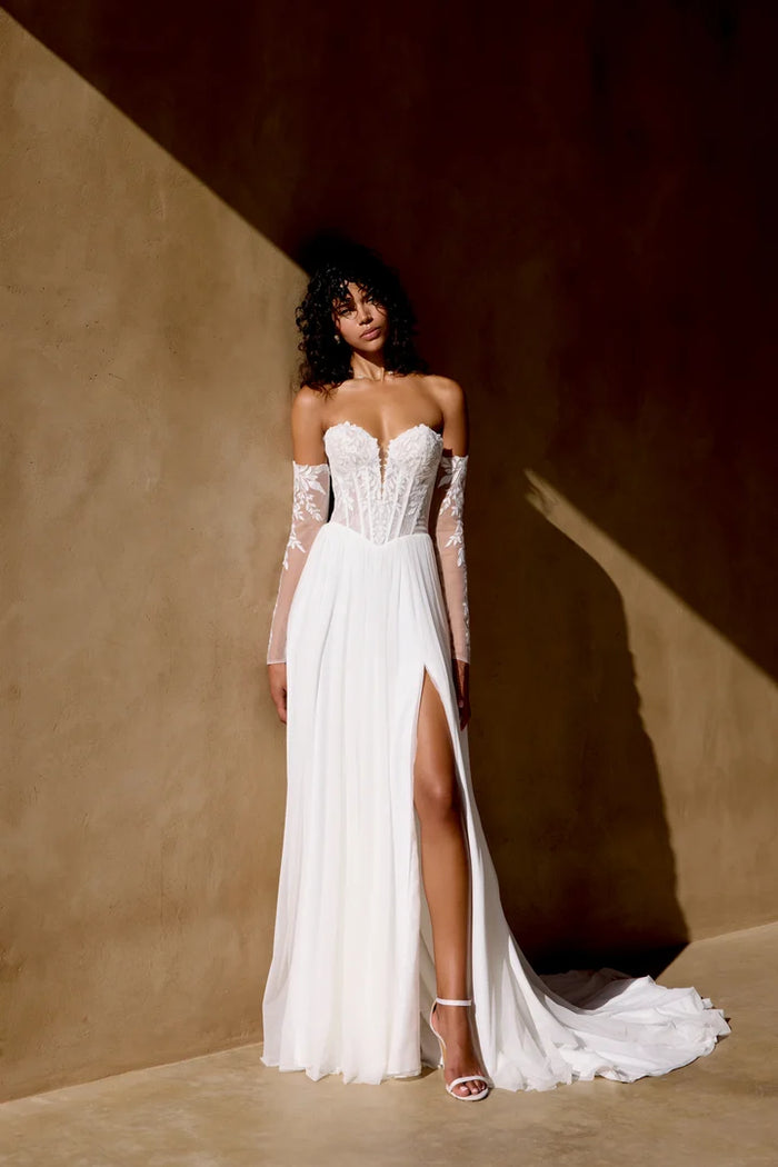 34875-Stretch Tulle A-line Gown with Matte Lace Appliqués and Basque Waist