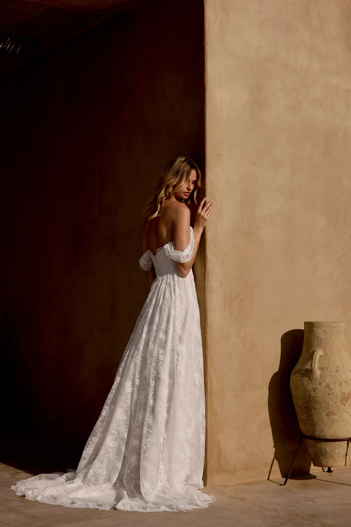 34876-Allover Matte Lace A-Line Gown with Plunging Neckline and Basque Waist