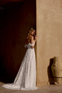 34876-Allover Matte Lace A-Line Gown with Plunging Neckline and Basque Waist