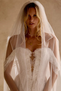34876-Allover Matte Lace A-Line Gown with Plunging Neckline and Basque Waist