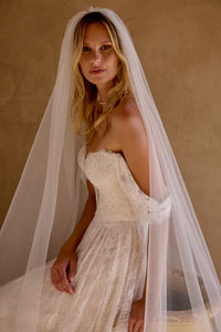 34876-Allover Matte Lace A-Line Gown with Plunging Neckline and Basque Waist