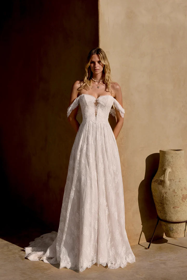 34876-Allover Matte Lace A-Line Gown with Plunging Neckline and Basque Waist