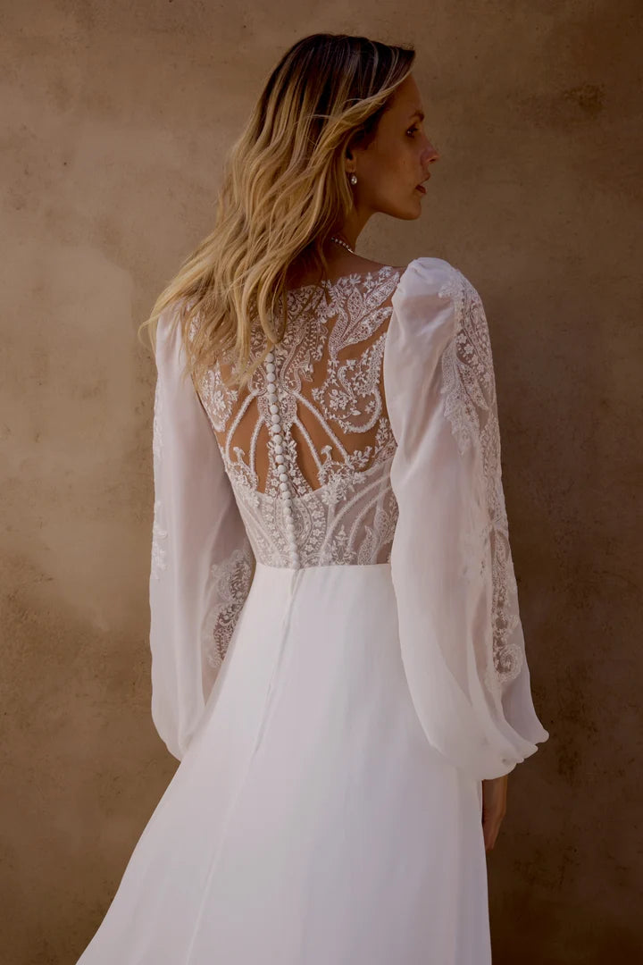 34877-Chiffon A-Line with Matte Lace Embroidered Lace Bodice and Sleeves