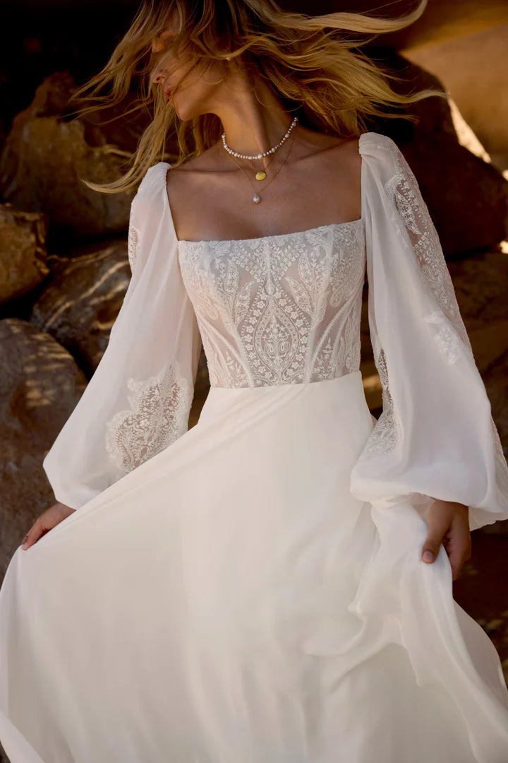 34877-Chiffon A-Line with Matte Lace Embroidered Lace Bodice and Sleeves