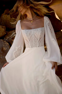 34877-Chiffon A-Line with Matte Lace Embroidered Lace Bodice and Sleeves