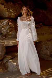 34877-Chiffon A-Line with Matte Lace Embroidered Lace Bodice and Sleeves